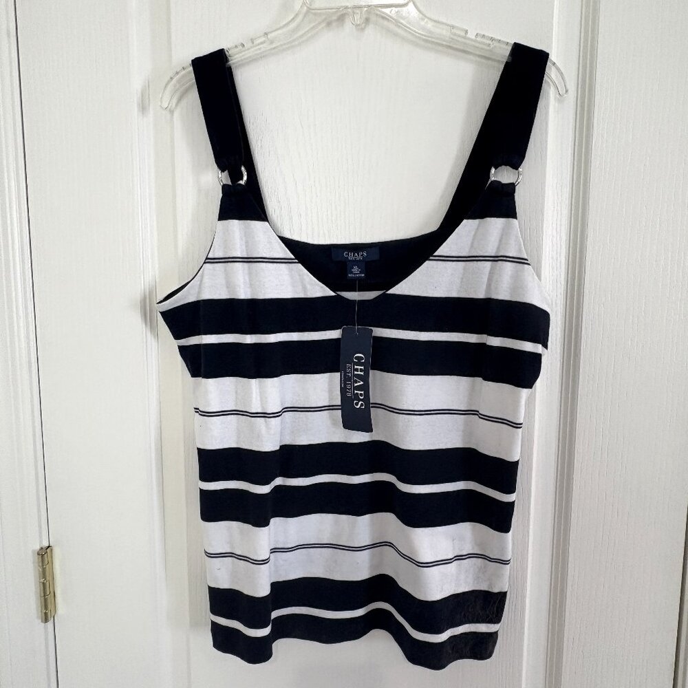 Chaps Nautical Stripe Tank Top V-Neck Sleeveless Cotton Navy Blue & White NEW